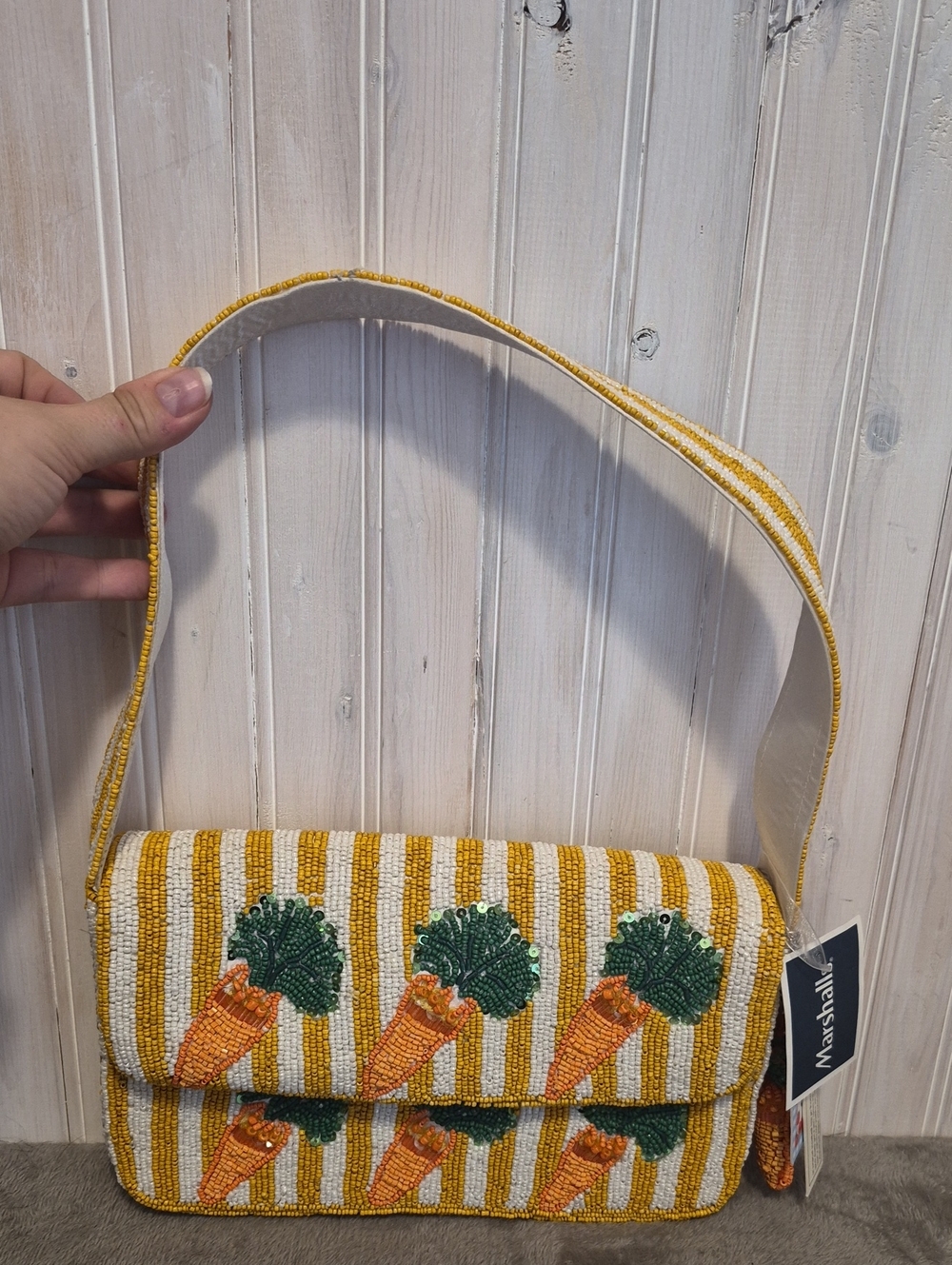Marshalls Yellow and White Striped Beaded Shoulder Bag with Carrot Motifs